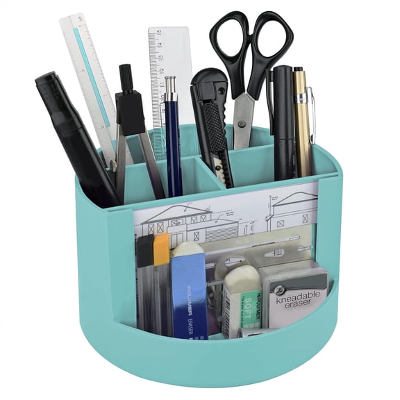 Acrimet Compact Desktop Organizer, 4 Spacious Slots, Round Pencil and Accessories Holder with Photo Slot, Ideal for Office, Art Supplies, Vanity Storage, and Home Organization (Solid Green Plastic)