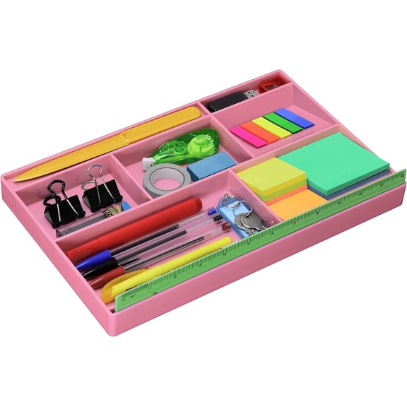 Acrimet Desk Drawer Organizer Tray with 8 Compartments Multi-Purpose Bin for Office Supplies, Makeup, and Accessories Fits inside Drawers or Desktops, 12.75" x 8" x 1.06" (Plastic) (Pink Color)