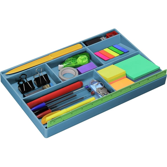 Acrimet Desk Drawer Organizer Tray with 8 Compartments Multi-Purpose Bin for Office Supplies, Makeup, and Accessories Fits inside Drawers or Desktops, 12.75" x 8" x 1.06" (Plastic) (Blue Color)