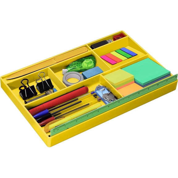 Acrimet Desk Drawer Organizer Tray with 8 Compartments – Multi-Purpose Bin for Office Supplies, Makeup, and Accessories – Fits inside Drawers or Desktops, 12.75" x 8" x 1.06" (Plastic) (Yellow Color)