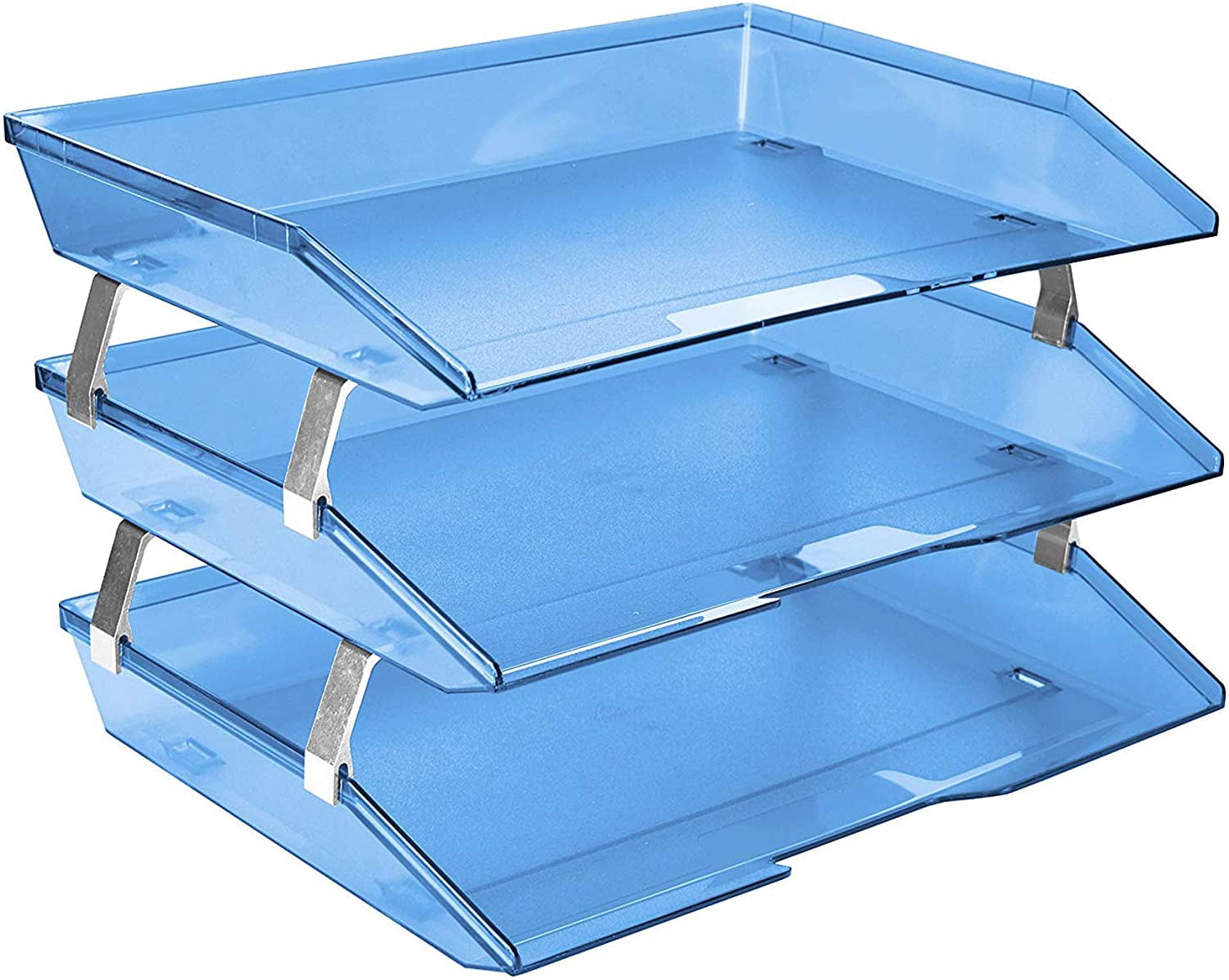 Clear Blue Plastic 3-Tier Letter Tray with Aluminum Brackets