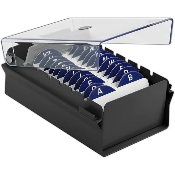 Acrimet Index Business Card Size File Holder Organizer Box Metal Base Heavy Duty (AZ Index Cards and Divider Included) (Black Color with Clear Crystal Plastic Lid Cover)