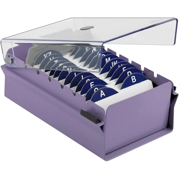 Acrimet Index Business Card Size File Holder Organizer Box Metal Base Heavy Duty (AZ Index Cards and Divider Included) (Purple Color with Clear Crystal Plastic Lid Cover)