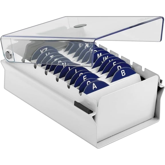 Acrimet Index Business Card Size File Holder Organizer Box Metal Base Heavy Duty (AZ Index Cards and Divider Included) (White Color with Clear Crystal Plastic Lid Cover)