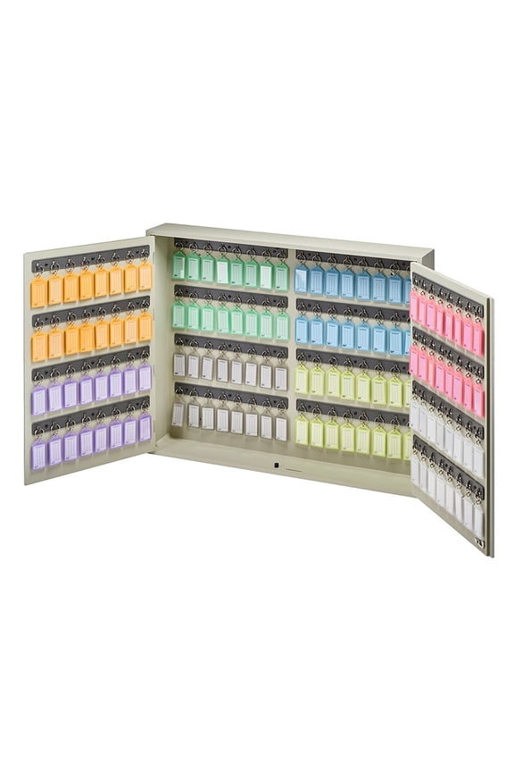 Key Cabinet Organizer 128 Positions with Lock (Wall Mount) (128 Multicolored Tags Included) (Beige Cabinet)
