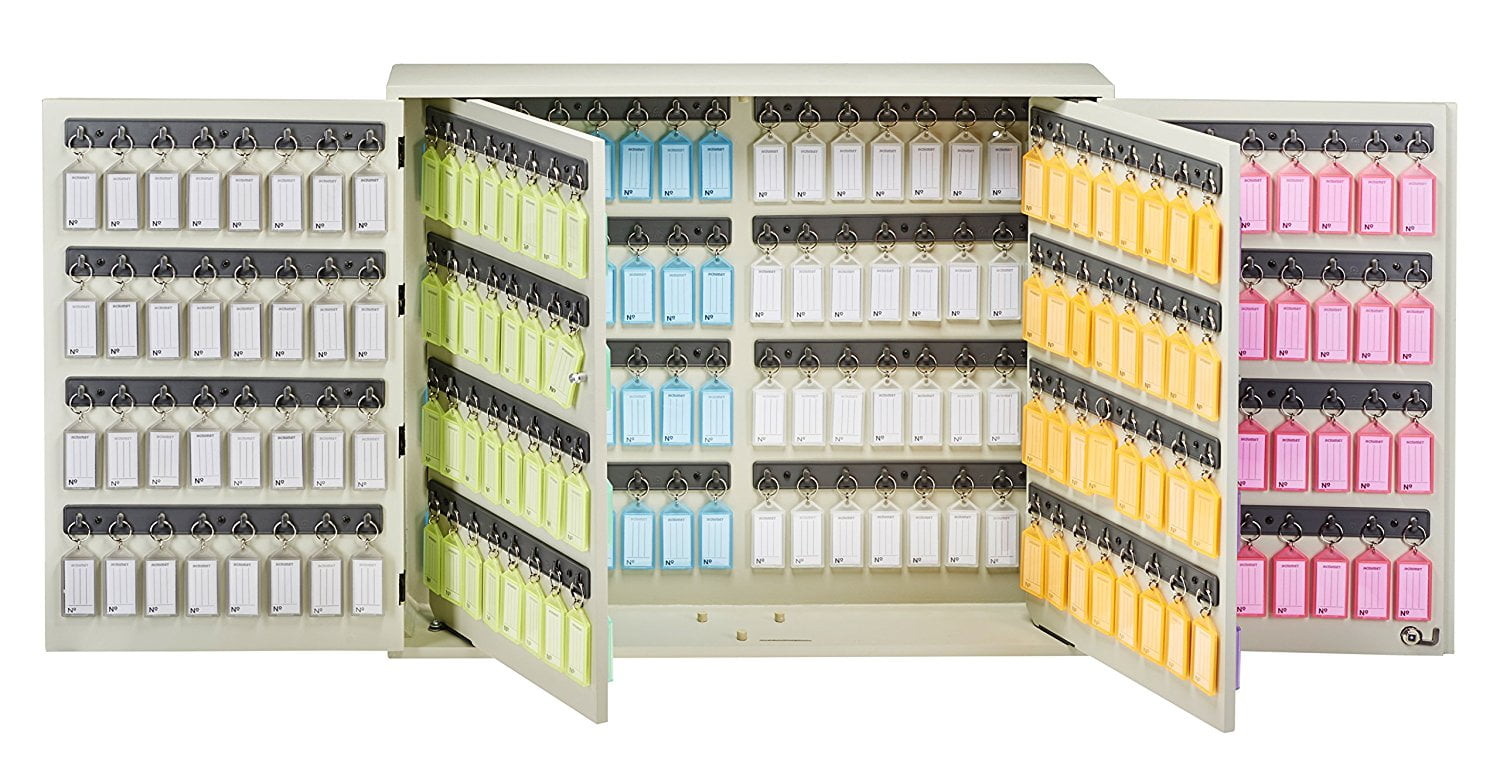 Beige MDF 256-Position Key Cabinet with Multicolored Tags