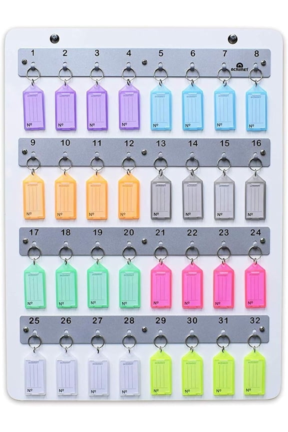 Wall-Mounted Key Holder Rack  White Wood Board Key Stand Organizer with 32 Numbered Hooks  Includes 32 Plastic Key Tags with Metal Rings & Labels