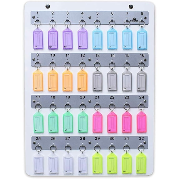 Acrimet Wall-Mounted Key Holder Rack – White Wood Board Key Stand Organizer with 32 Numbered Hooks – Includes 32 Plastic Key Tags with Metal Rings & Labels