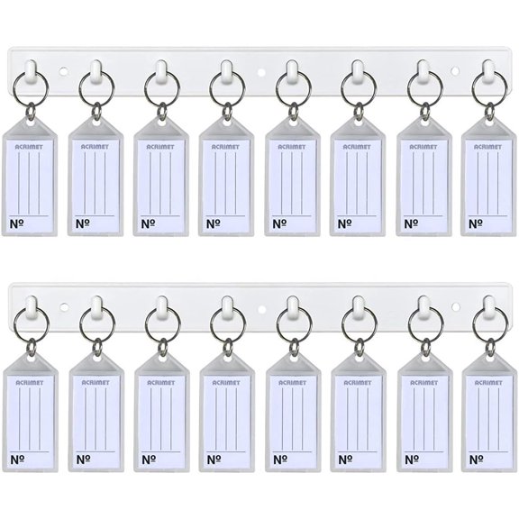 Acrimet Key Tag Rack w/ 8 Keyring Tags (Self-Adhesive Key Storage Rack) (2 Pack) (White with Crystal Color)