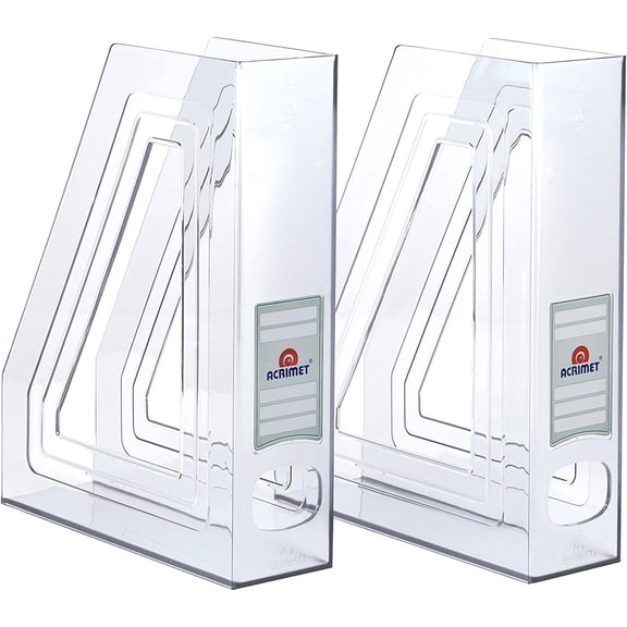 Acrimet Magazine File Holder Vertical Rack for Documents, Folders and Mail, Durable Plastic Desk Organizer for Office & Home, Clear Crystal (2 Pack)