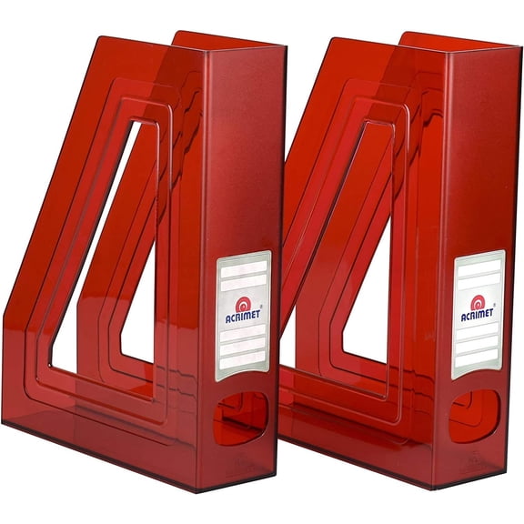 Acrimet Magazine File Holder Vertical Rack for Documents, Folders and Mail, Durable Plastic Desk Organizer for Office & Home, Clear Red (2 Pack)