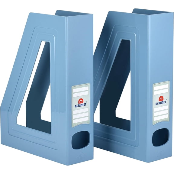 Acrimet Magazine File Holder Vertical Rack for Documents, Folders and Mail, Durable Plastic Desk Organizer for Office & Home, Solid Blue (2 Pack)