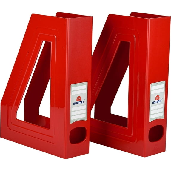 Acrimet Magazine File Holder – Vertical Rack for Documents, Folders and Mail, Durable Plastic Desk Organizer for Office & Home, Solid Red (2 Pack)