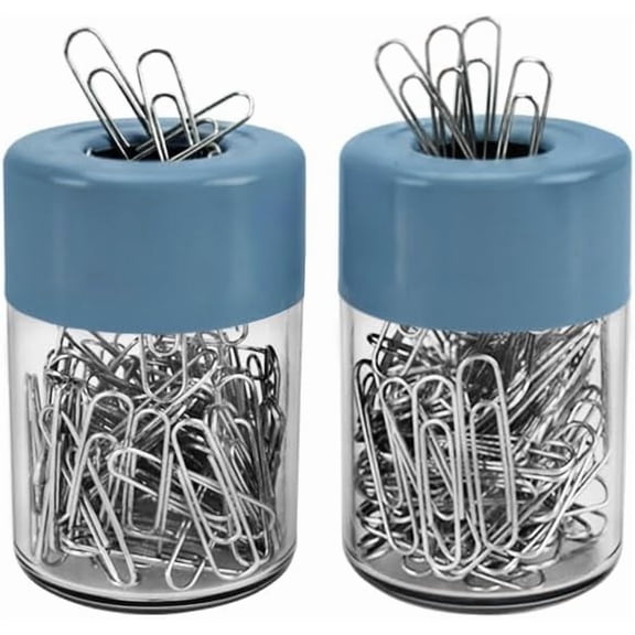 Acrimet Magnetic Paper Clip Holder Dispenser, Round Design, 100 Regular Paper Clip Capacity (Clear Crystal Base/ Blue Magnetic Lid) (2 pack)