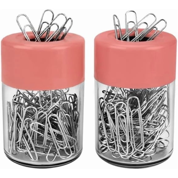 Acrimet Magnetic Paper Clip Holder Dispenser, Round Design, 100 Regular Paper Clip Capacity (Clear Crystal Base/ Pink Magnetic Lid) (2 pack)