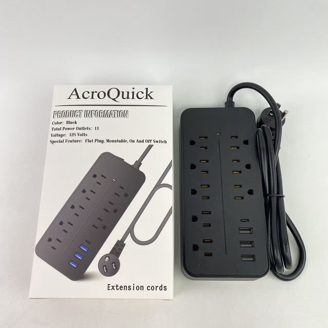 AcroQuick Extension cords, Black Surge Protector with Outlets - Spacious Design for Large Plugs, Flat Plug, 20W USB C Charging for Home, Office