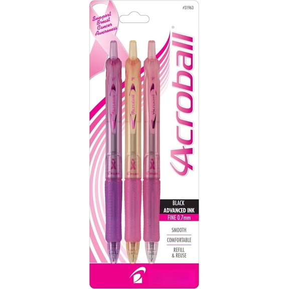 Acroball Breast Cancer Awareness Ballpoint Pens 3ct, 0.7mm Fine Point, Smooth Black Ink Writing Pens
