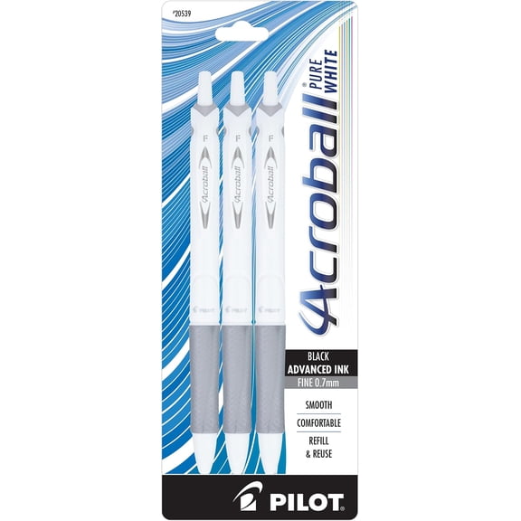 Acroball Pure White Ball Point Pens, Fine Point, 0.7mm, White Barrels, Black Ink, Pack Of 3 Pens