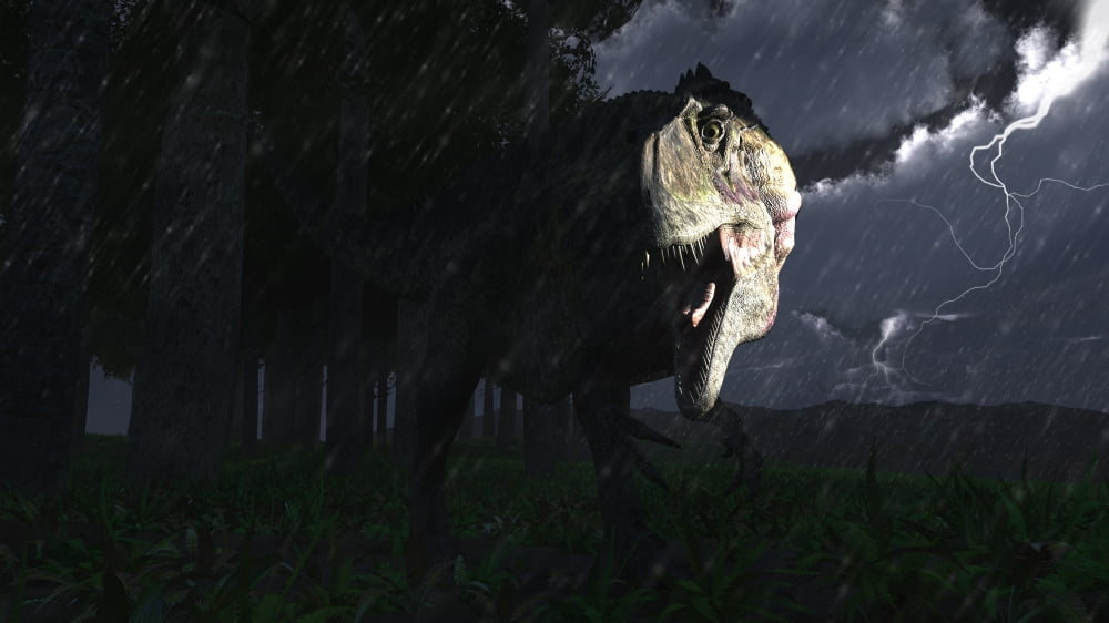 Acrocanthosaurus dinosaur on a stormy night Canvas Art - Arthur DoretyStocktrek Images (19 x 11)