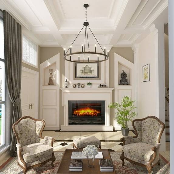 Acroma 12-light Modern Farmhouse 40In Wagon Wheel Chandelier - 40'' D x 138'' H Oil-rubbed bronze Matte Nickel, Painted