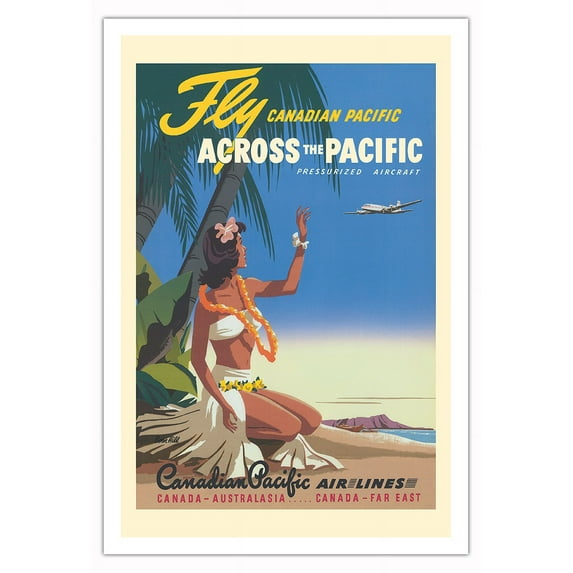 Across the Pacific to Hawaii - Fly Canadian Pacific Air Lines - Vintage Airline Travel Poster by Bern Hill c.1950 - Fine Art Matte Paper Print (Unframed) 30x44in