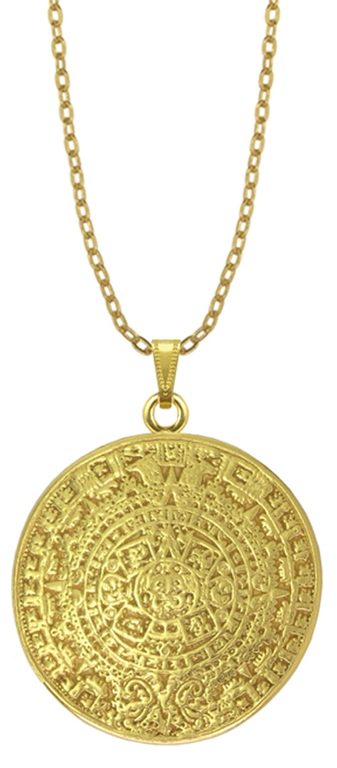 Across The Puddle, Historical Jewelry Collection, 24k Gold Plated 1.4 inches Pre-Columbian Aztec Solar Calendar 2 mm 17 inches Cable Chain Necklace