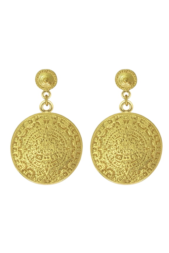 , Historical Jewelry Collection, 24k Gold Plated Pre-Columbian Aztec Solar Calendar 1.6" Dangle Earrings