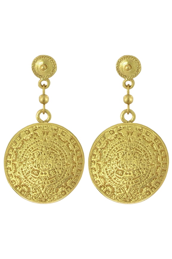 , Historical Jewelry Collection, 24k Gold Plated Pre-Columbian Aztec Solar Calendar 1.9" Dangle Earrings
