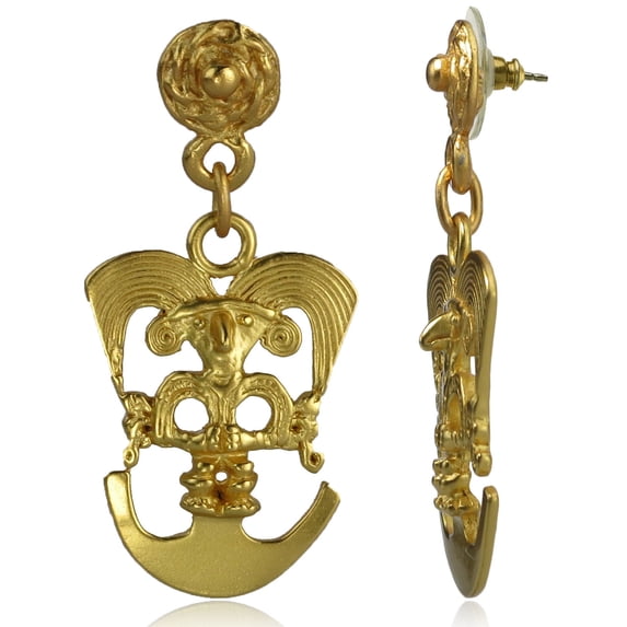 Across The Puddle, Historical Jewelry Collection, 24k Gold Plated Pre-Columbian Bird Shaman Dangle Earrings