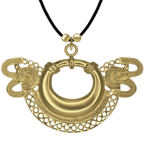 Across The Puddle, Historical Jewelry Collection, 24k Gold Plated Pre-Columbian Embossed Crescent with Two Animal Heads (L) Pendant Necklace