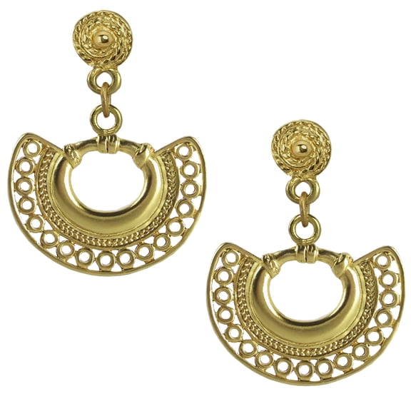 Across The Puddle, Historical Jewelry Collection, 24k Gold Plated Pre-Columbian Embossed Tairona Crescent Dangle Earrings