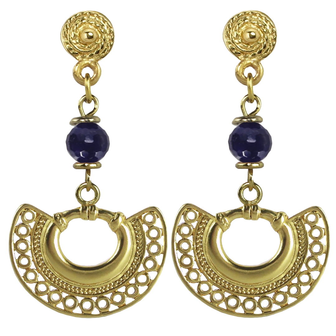 Across The Puddle, Historical Jewelry Collection, 24k Gold Plated Pre-Columbian Embossed Tairona Crescent with 6 mm Round Amethysts Dangle Earrings