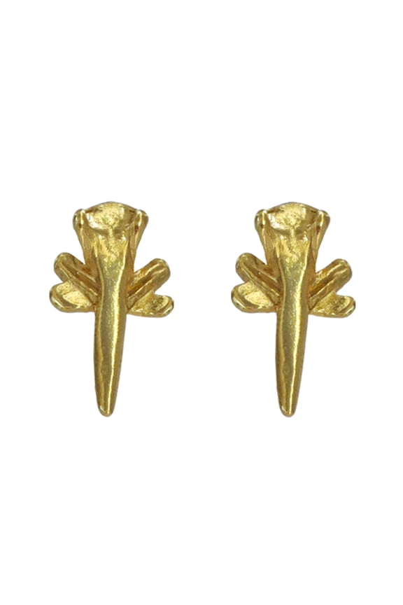 , Historical Jewelry Collection, 24k Gold Plated Pre-Columbian Tairona Stylized Tadpole Frog with Long Tail Stud Earrings