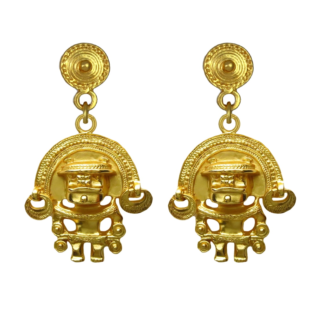ACROSS THE PUDDLE , Pre-Columbian 24k Gold Plated Tairona Anthropomorphic Figure with Diadem Dangle Earrings