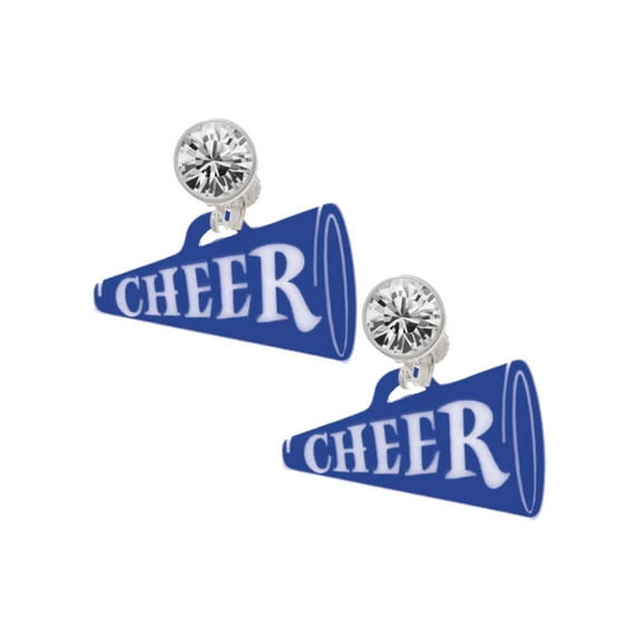 Acrylic 1.25" Royal Blue Cheer Megaphone Clear Crystal Clip On Earrings