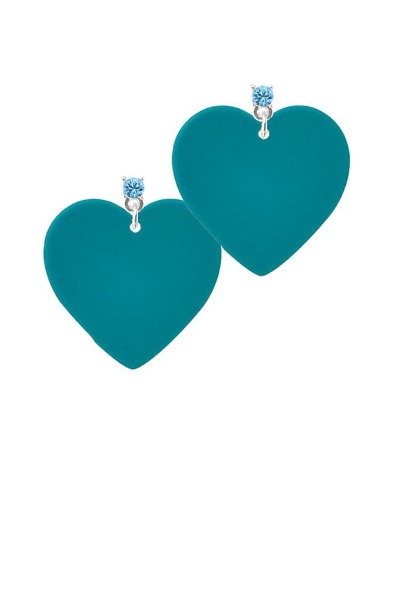 Acrylic 1" Teal Heart Hot Blue Crystal Post Earrings