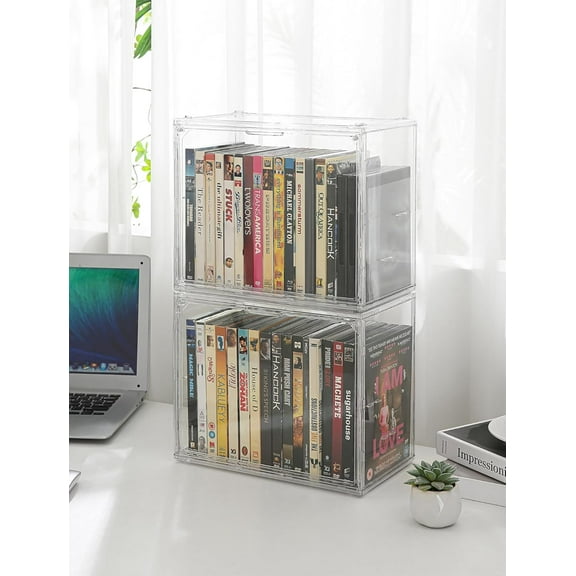 Acrylic 2-Pack DVD Storage Box, Stackable CD Holder with Magnetic Door, Clear Disc Organizer for DVDs, Blu-ray, Games
