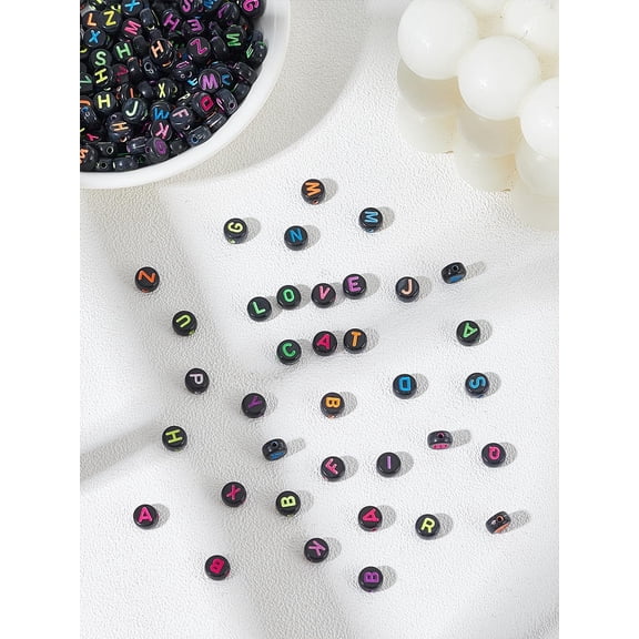 Acrylic 206Pcs Black Round Letter Charms with Elastic String DIY Bracelet Necklaces Making Kits for DIY Bracelet Necklace Earrings Jewelry Making Clay Findings