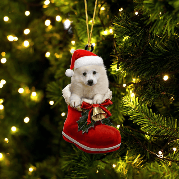 Acrylic 2D FLAT American Eskimo In Santa Boot Christmas Hanging Ornament