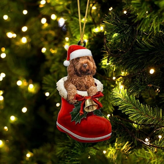 Acrylic 2D FLAT Apricot Cockapoo In Santa Boot Christmas Hanging Ornament