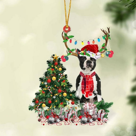 Acrylic 2D FLAT BLACK Boston Terrier-Christmas Tree Gift Hanging Ornament