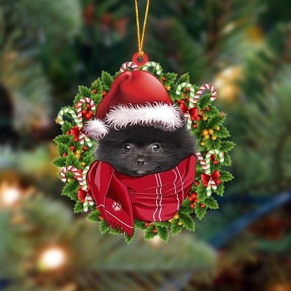 Acrylic 2D FLAT BLACK Pomeranian-Xmas Bandana Hanging Ornament