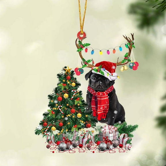 Acrylic 2D FLAT BLACK Pug 1-Christmas Tree Gift Hanging Ornament