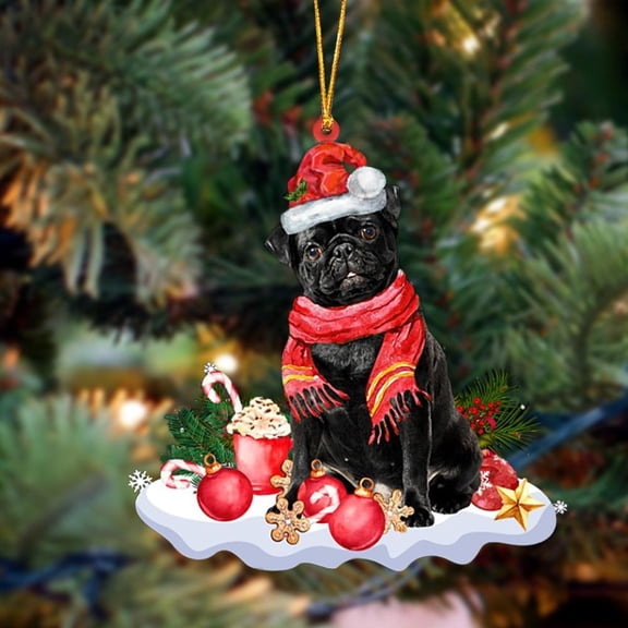 Acrylic 2D FLAT - BLACK Pug 3-Better Christmas Hanging Ornament- Holiday Tree Decoration