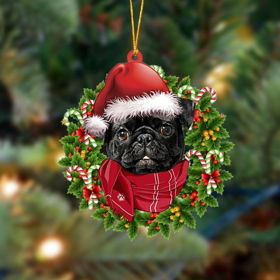 Acrylic 2D FLAT BLACK Pug-Xmas Bandana Hanging Ornament