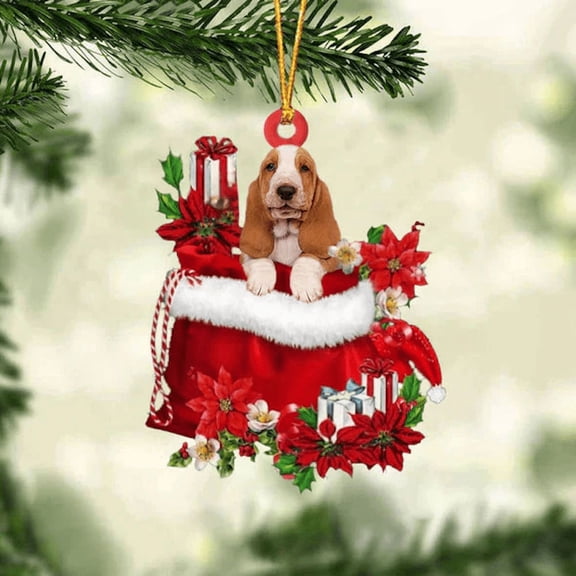 Acrylic 2D FLAT - Basset Hound In Gift Bag Christmas Ornament - Holiday Tree Decoration
