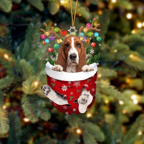 Acrylic 2D FLAT - Basset Hound In Snow Pocket Christmas Ornament Flat Acrylic Dog Ornament - Holiday Tree Decoration