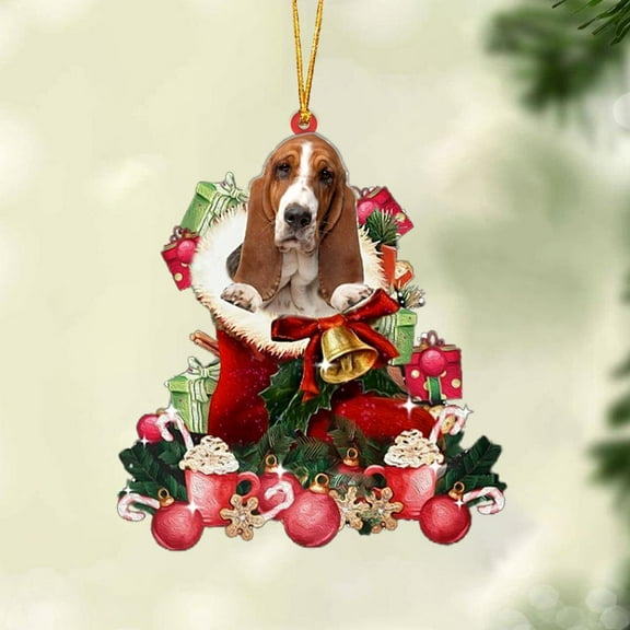 Acrylic 2D FLAT - Basset Hound-Red Boot Hanging Ornament - Holiday Tree Decoration