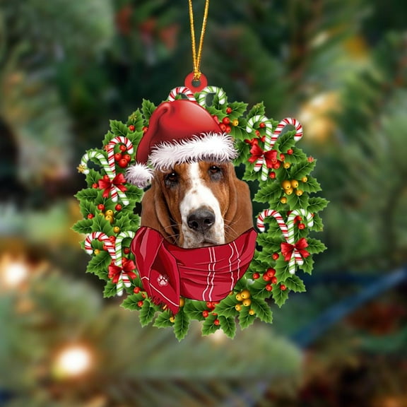 Acrylic 2D FLAT Basset Hound-Xmas Bandana Hanging Ornament