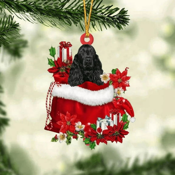 Acrylic 2D FLAT - Black Cocker Spaniel In Gift Bag Christmas Ornament 15 - Holiday Tree Decoration